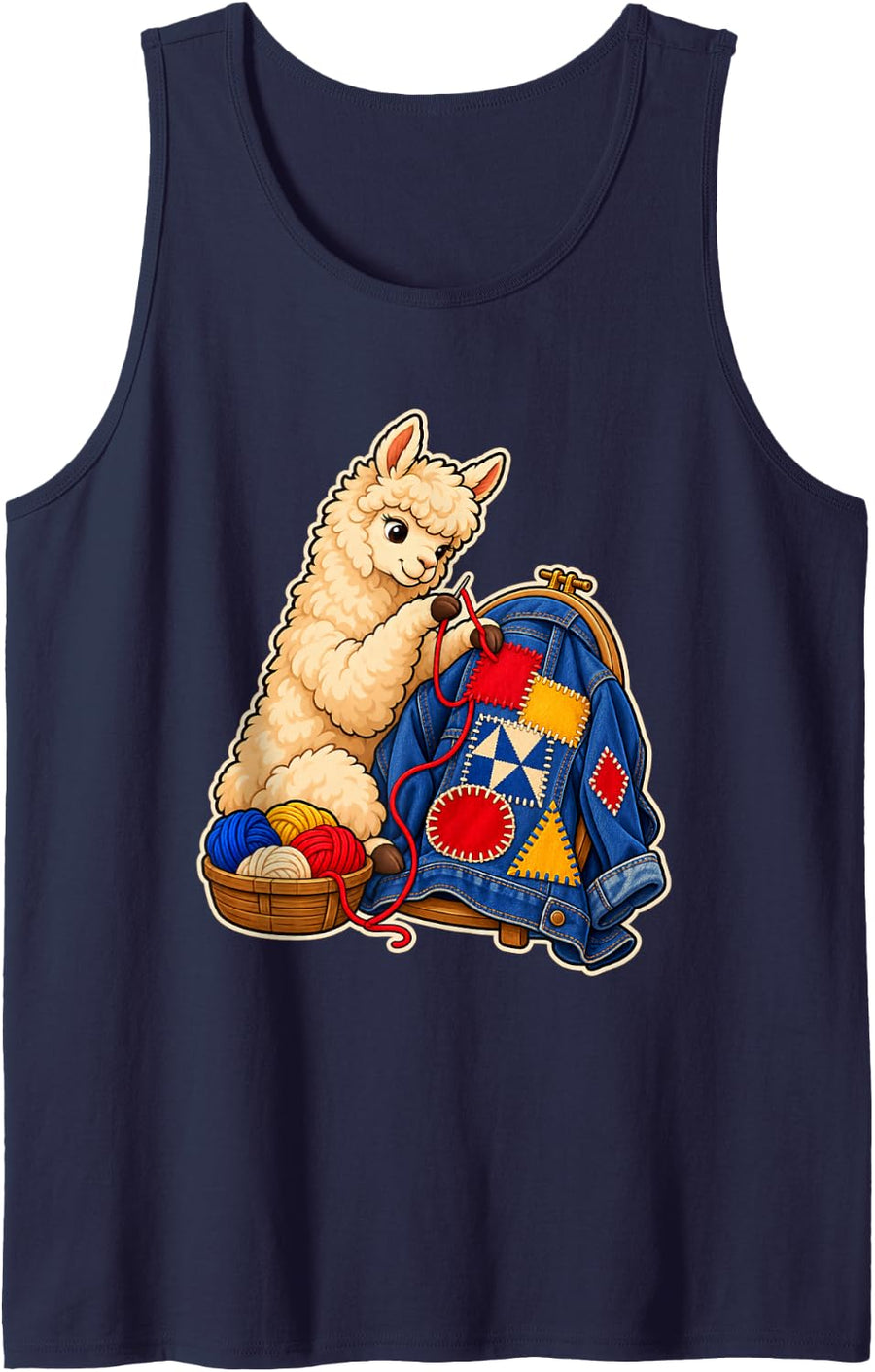 Visible Mending Alpaca Patchwork Sewing Design Sleeveless Tank Top - Navy Blue