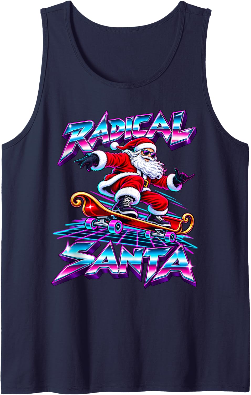 Radical Santa Retro 80s Synthwave Christmas Funny Sleeveless Tank Top - Navy Blue