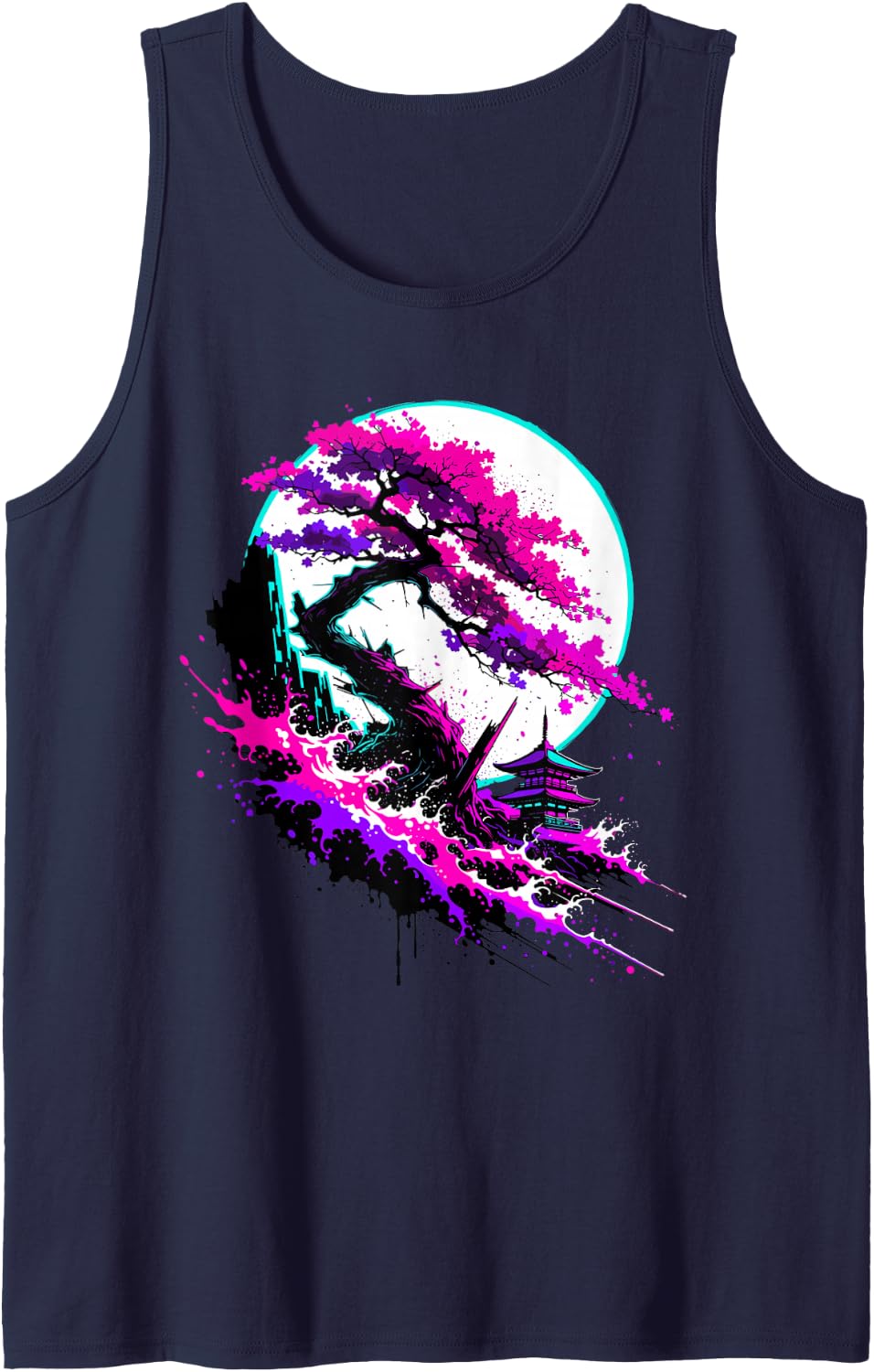 Mount Fuji Art Sakura Japan Design Vaporwave EDM Aesthetic Sleeveless Tank Top - Navy Blue