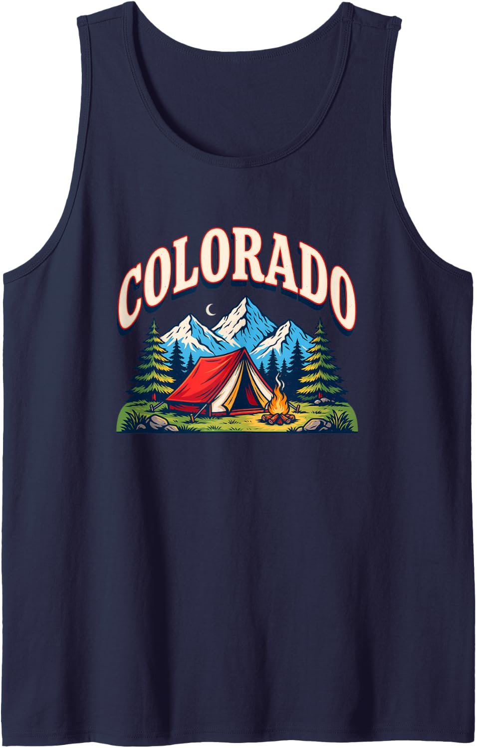 Colorado Camping Tent Campfire Pine Forest Wilderness Sleeveless Tank Top - Navy Blue