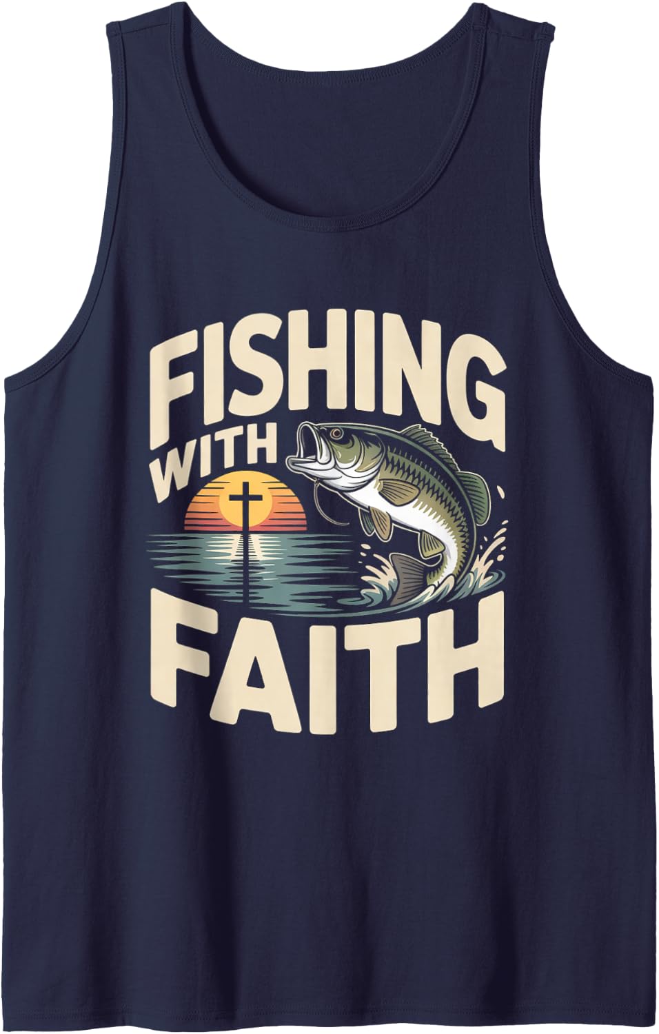 Fishing with Faith Christian Fishing Jesus Faith Bass Fish Sleeveless Tank Top - Navy Blue