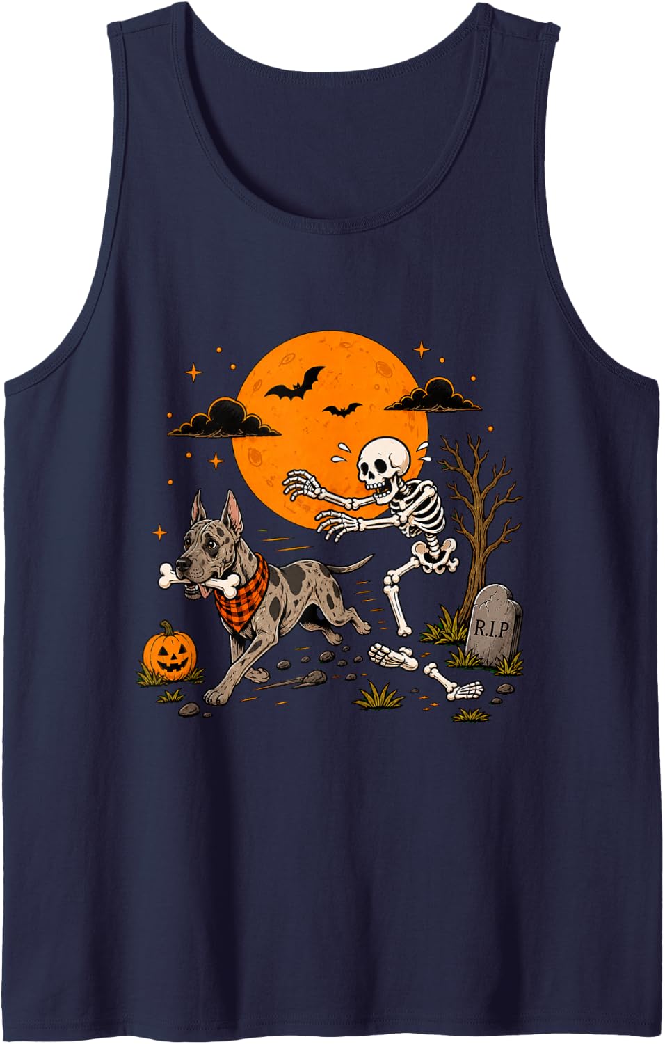 Halloween Dog Skeleton Funny Great Dane Men Women Sleeveless Tank Top - Navy Blue