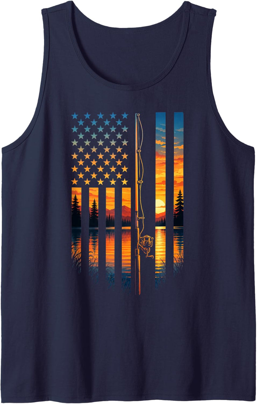 American Flag Fishing Rod Sunset Angler Fisherman Outdoor Sleeveless Tank Top - Navy Blue