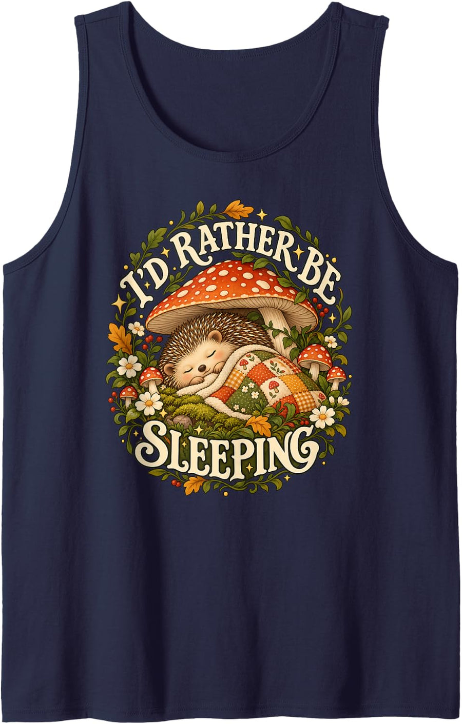 Id Rather Be Sleeping Hedgehog Mushroom Cottagecore Napping Sleeveless Tank Top - Navy Blue