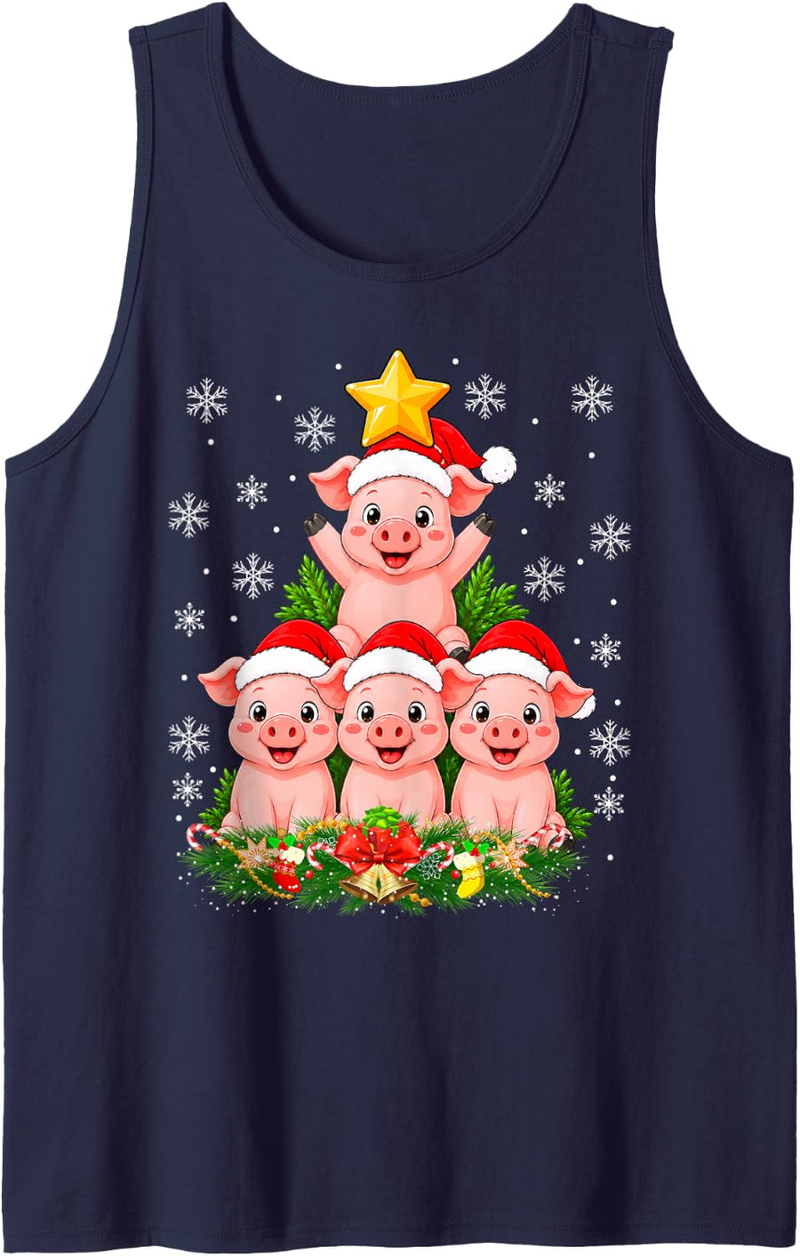 Pigs Christmas Tree Festive Santa Hat Pig Xmas Cheer Sleeveless Tank Top - Navy Blue
