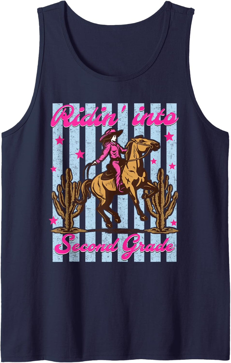 Ridin' Into Second Grade Cowgirl Western Back to School Sleeveless Tank Top - Navy Blue