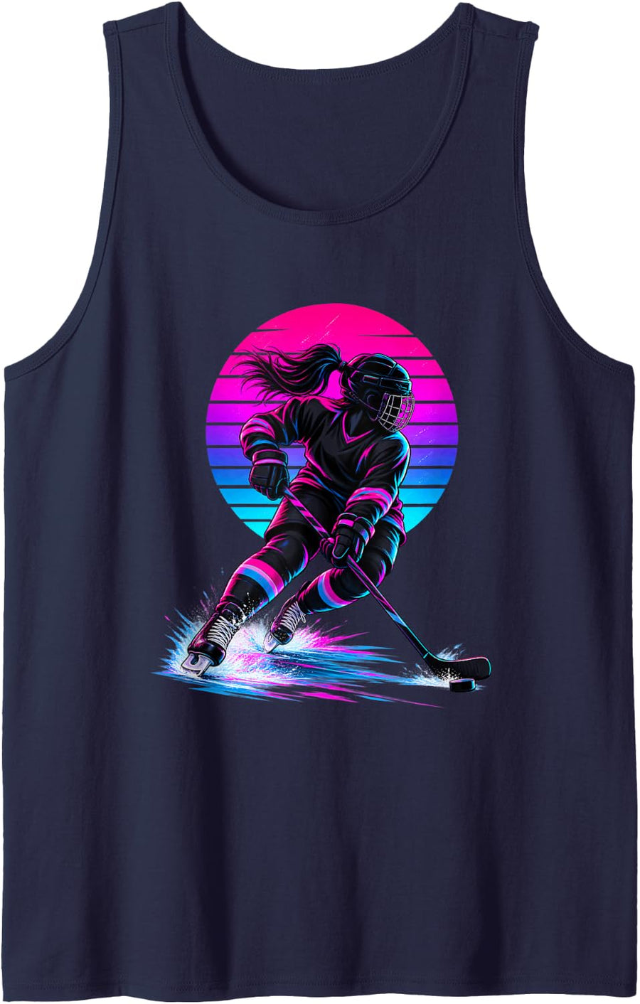 Synthwave Women's Ice Hockey Player Retro Sunset Skating Sleeveless Tank Top - Navy Blue