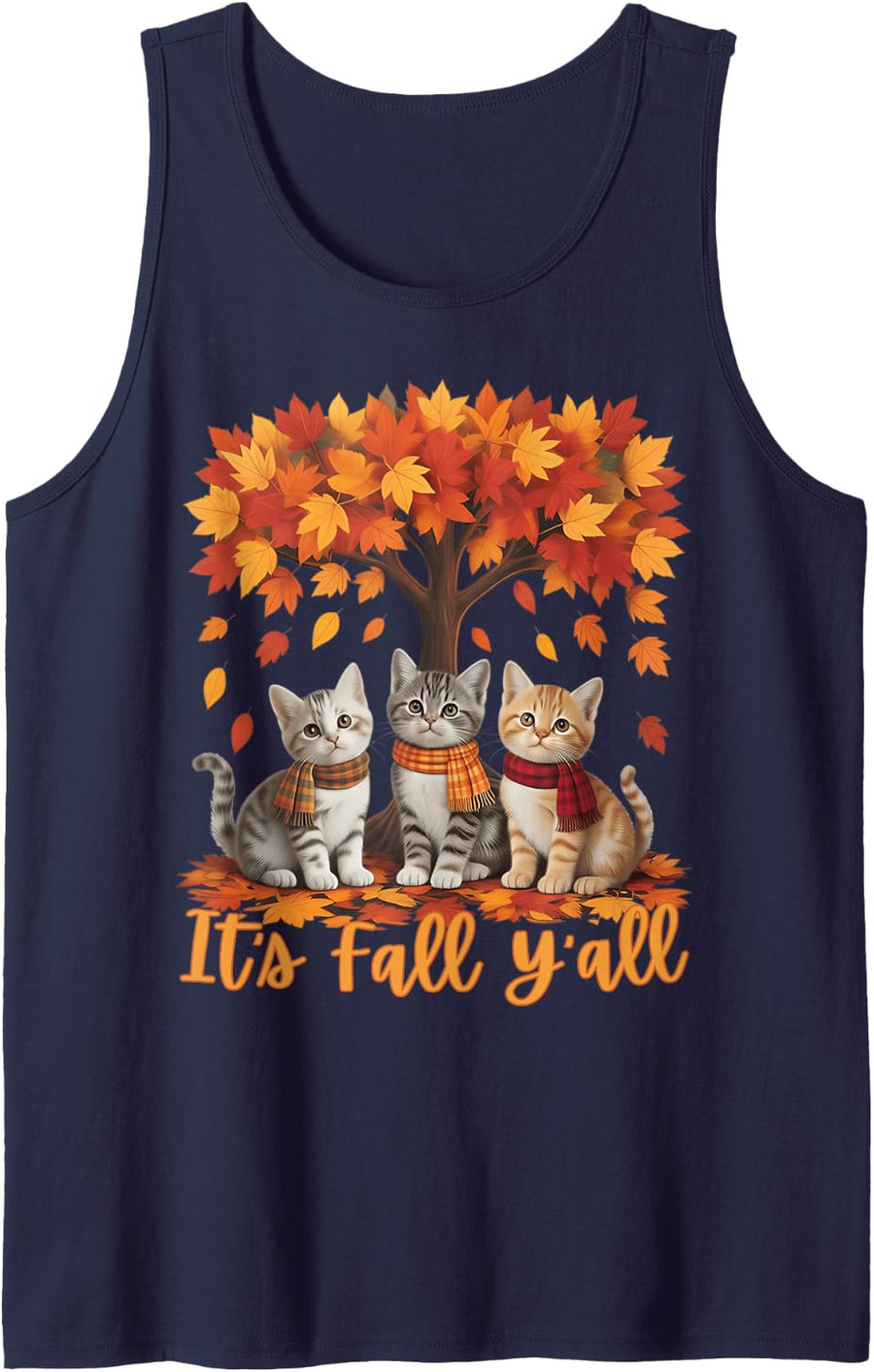 It's Fall Y'all Cute Kittens Autumn Leaves Cat Lover Sleeveless Tank Top - Navy Blue