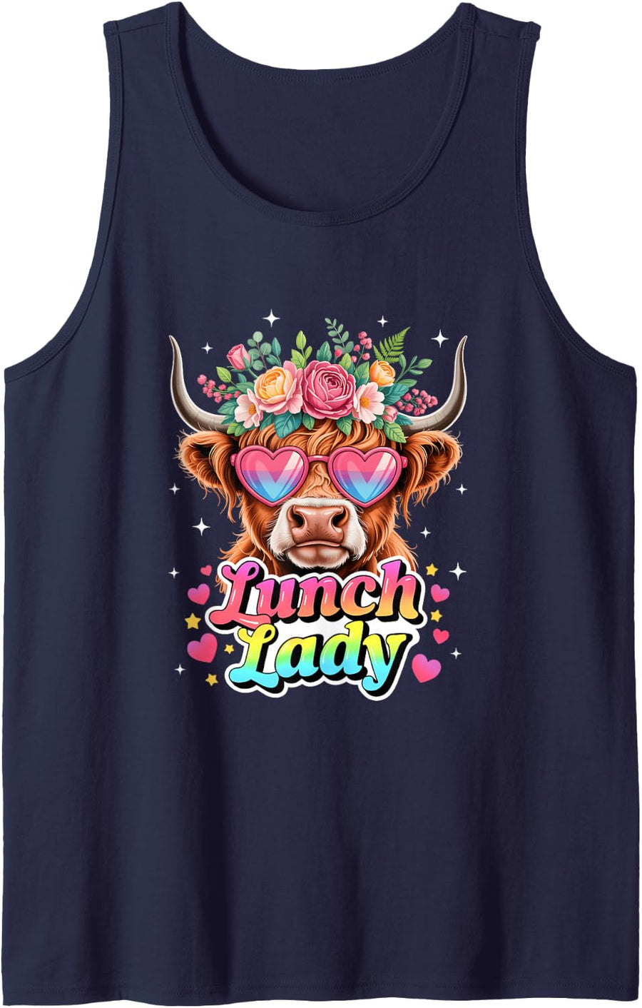 Funny Lunch Lady Valentines Highland Cow Sunglasses Heart Sleeveless Tank Top - Navy Blue