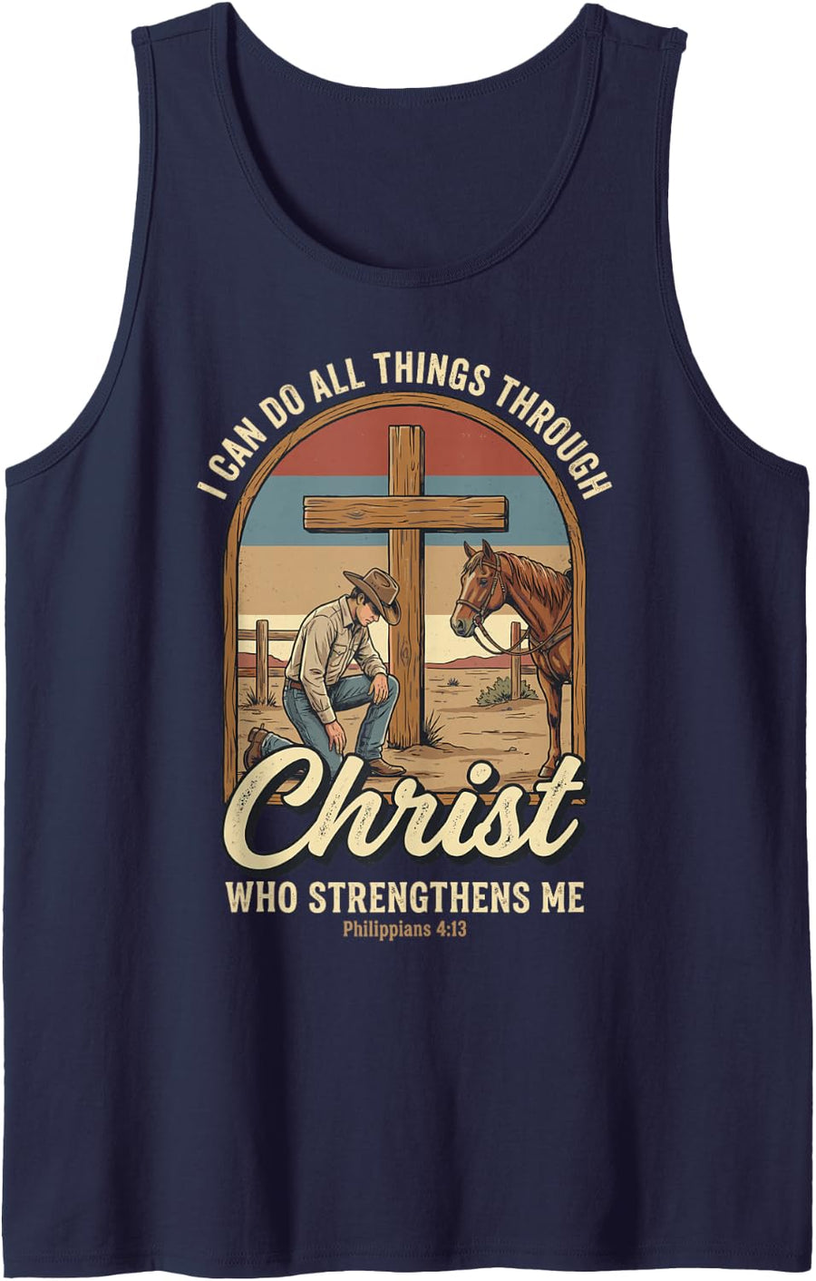 I Can Do All Things Through Christ Cowboy Christian Western Sleeveless Tank Top - Navy Blue