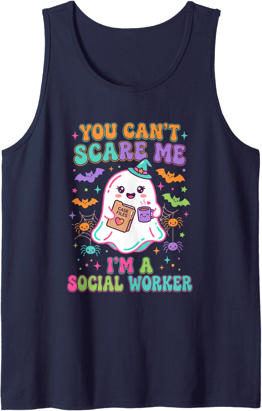 You Can't Scare Me I'm A Social Worker Halloween Ghost Sleeveless Tank Top - Navy Blue
