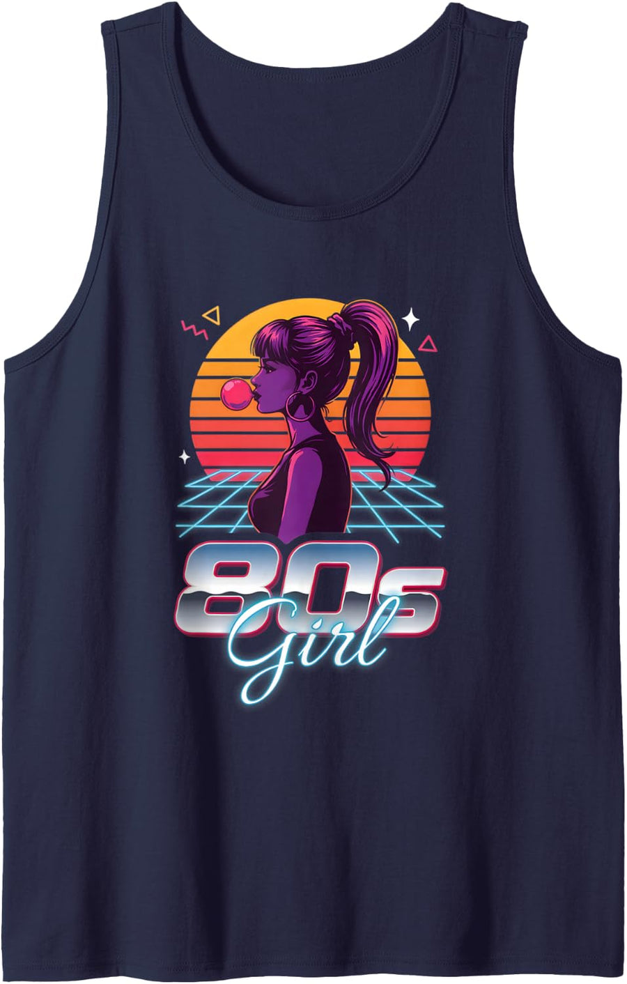 80s Girl Retro Eighties Synthwave Bubblegum Nostalgia Sleeveless Tank Top - Navy Blue