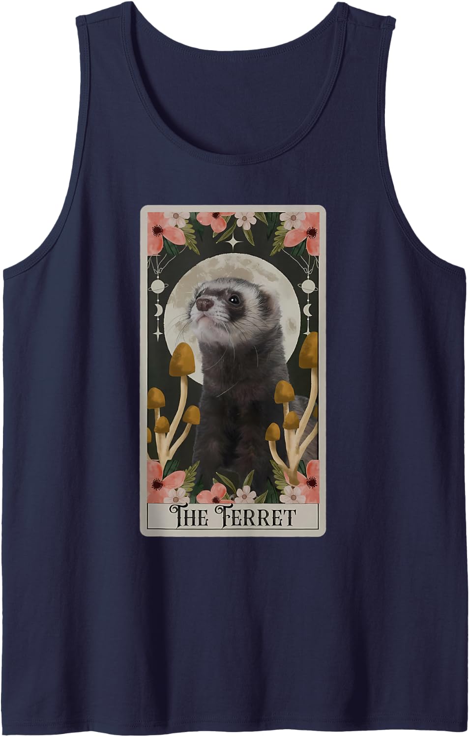 Vintage Ferret Tarot Card Floral Pet Cute Animal Lovers Moon Sleeveless Tank Top - Navy Blue