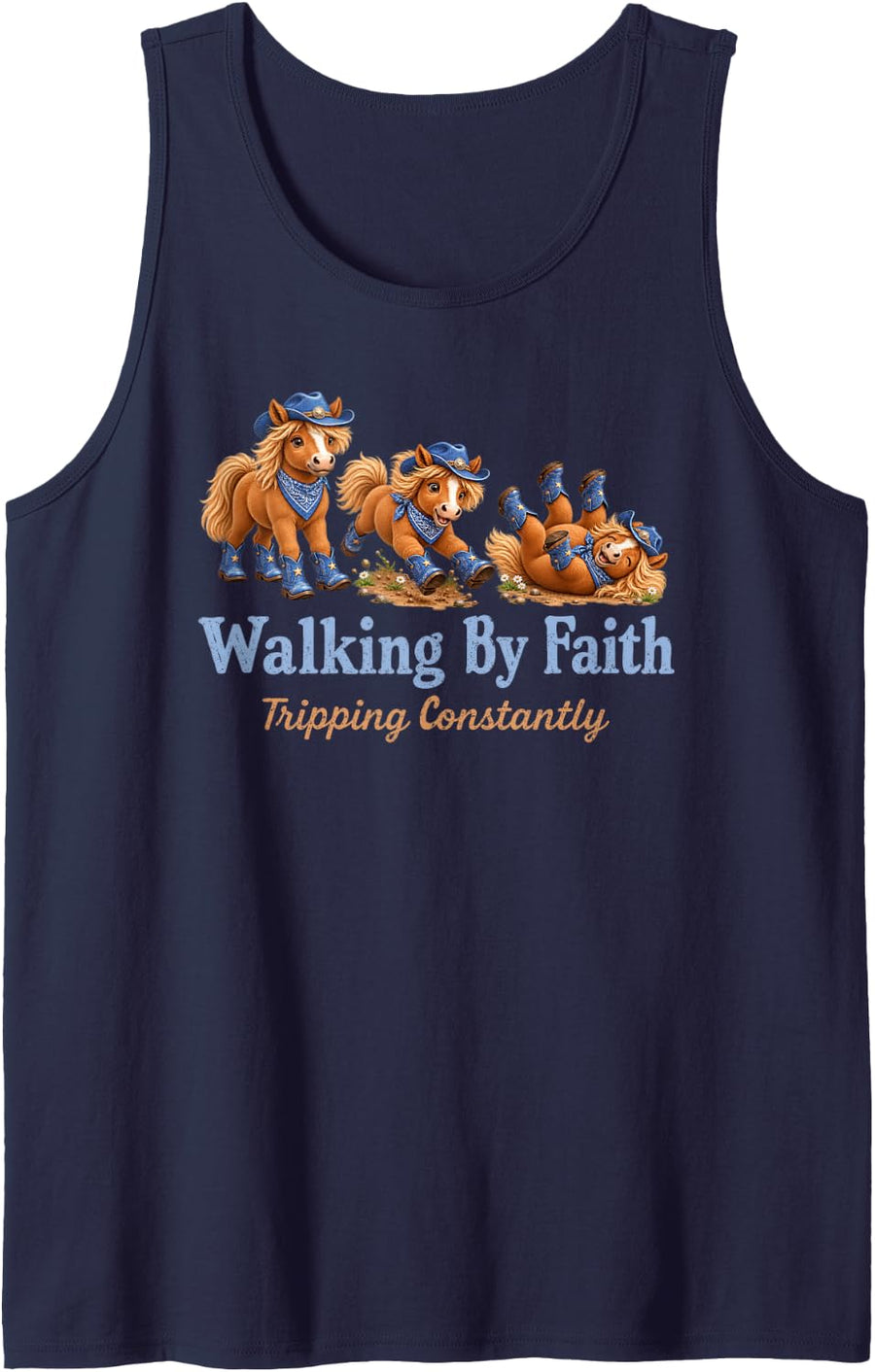 Christian Cowgirl Horse Walking By Faith Tripping Constantly Sleeveless Tank Top - Navy Blue