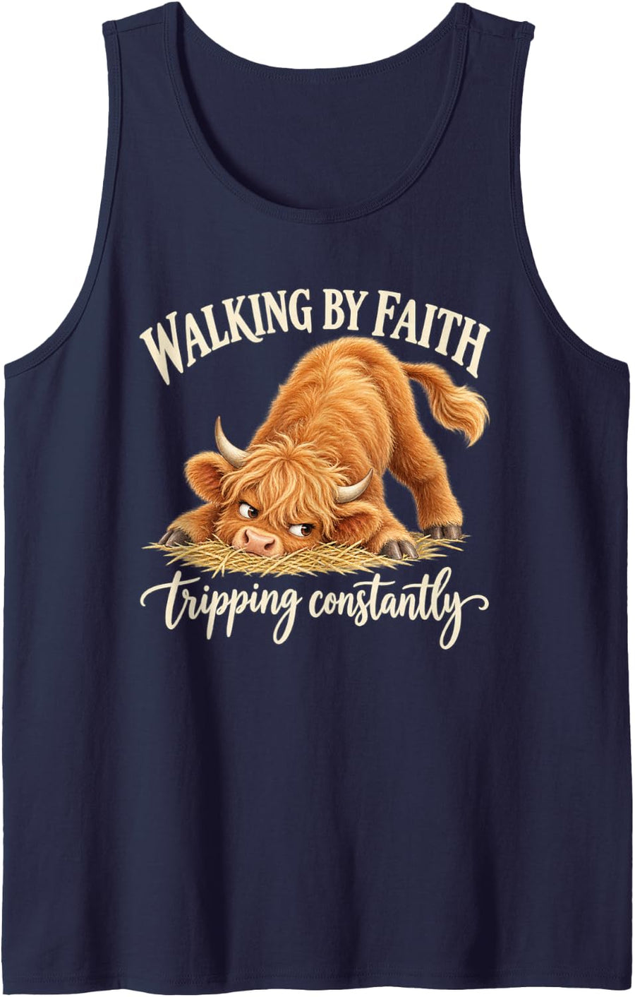 Clumsy Storybook Cow Walking By Faith Tripping Constantly Sleeveless Tank Top - Navy Blue