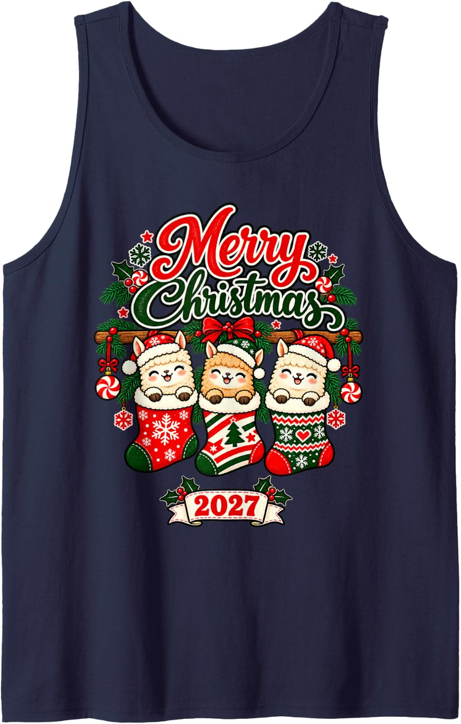 Merry Christmas 2027 Happy Alpaca in Stockings Men Women Sleeveless Tank Top - Navy Blue