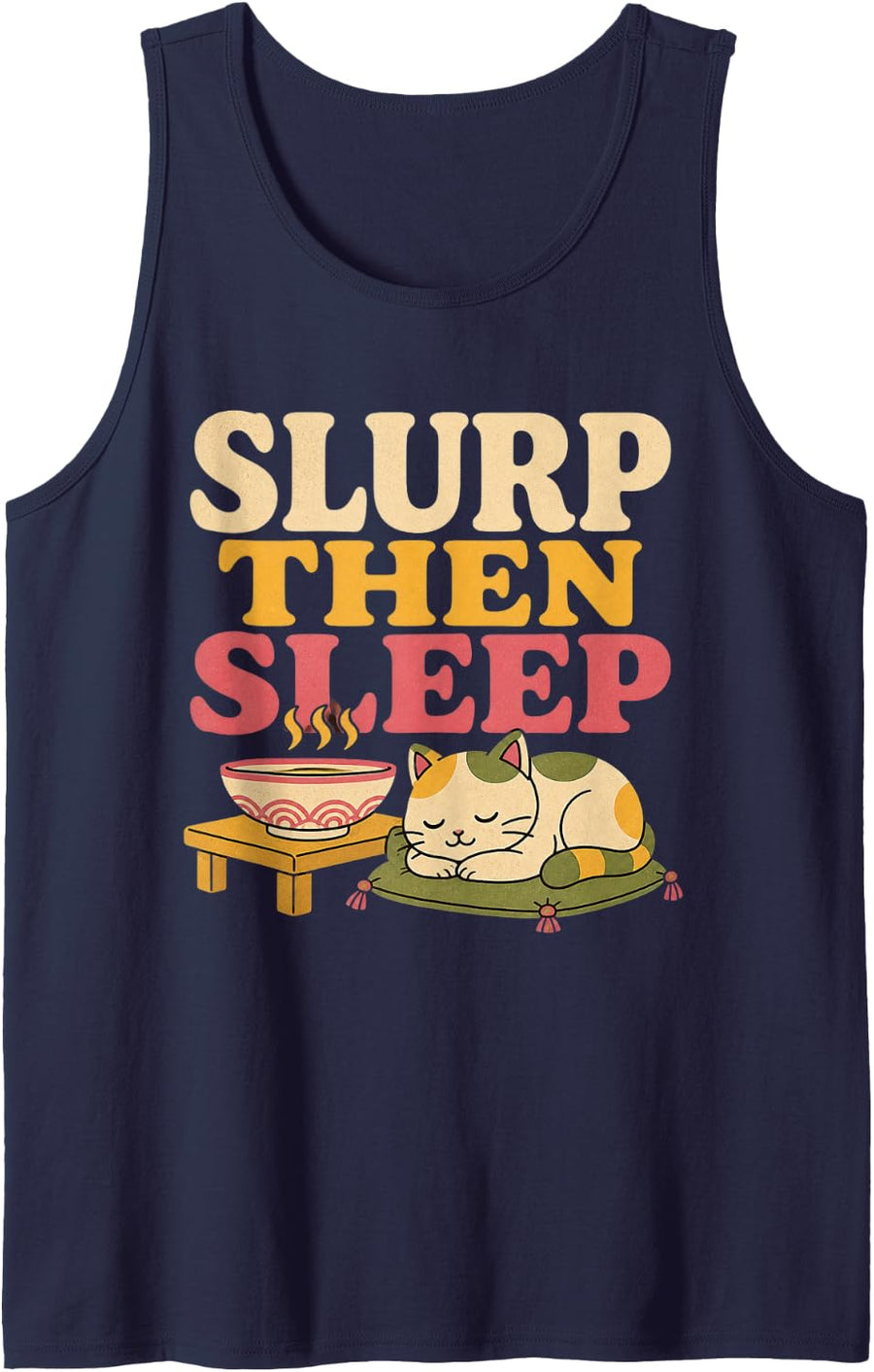 Slurp Then Sleep Kawaii Cat Ramen Graphic Anime Sleeveless Tank Top - Navy Blue