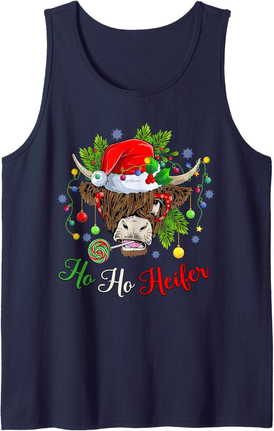 Ho Ho Heifer Merry Christmas Mooey Western Highland Cow Sleeveless Tank Top - Navy Blue