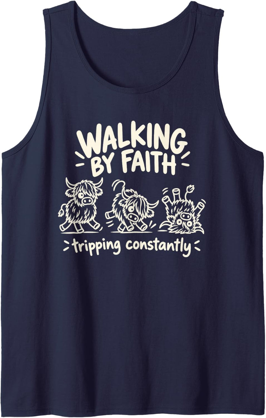 Fluffy Line Art Cow Cow Walking By Faith Tripping Constantly Sleeveless Tank Top - Navy Blue