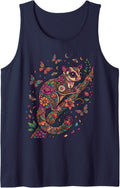 Sugar Glider Colorful Floral Butterfly Flowers Botanical Sleeveless Tank Top - Navy Blue