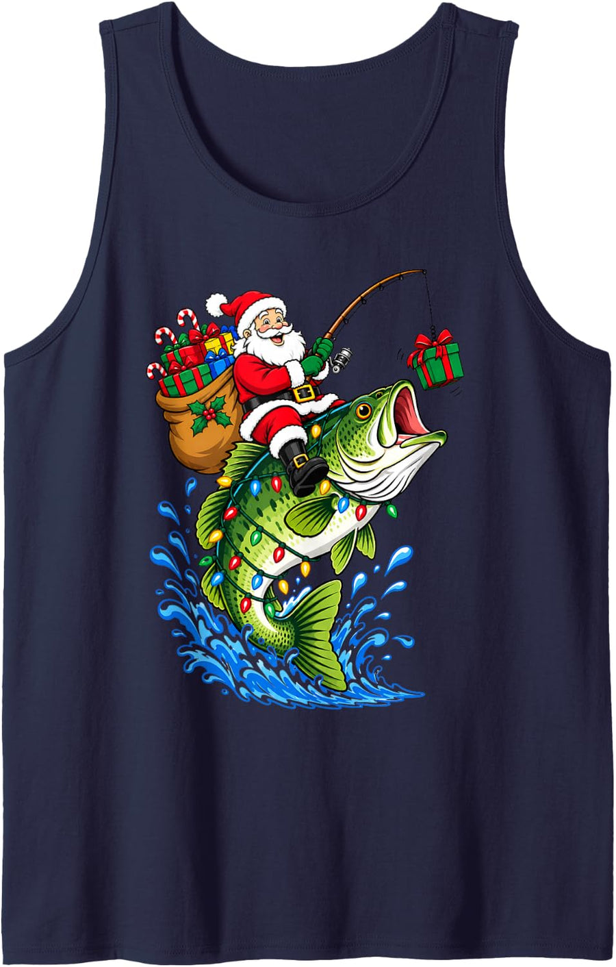 Festive Santa Fishing Christmas Bass Fish Sleeveless Tank Top - Navy Blue