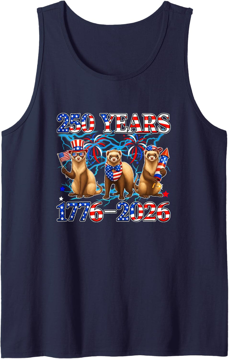 250th Freedom 1776-2026 4th of July Three Cute Ferrets Sleeveless Tank Top - Navy Blue