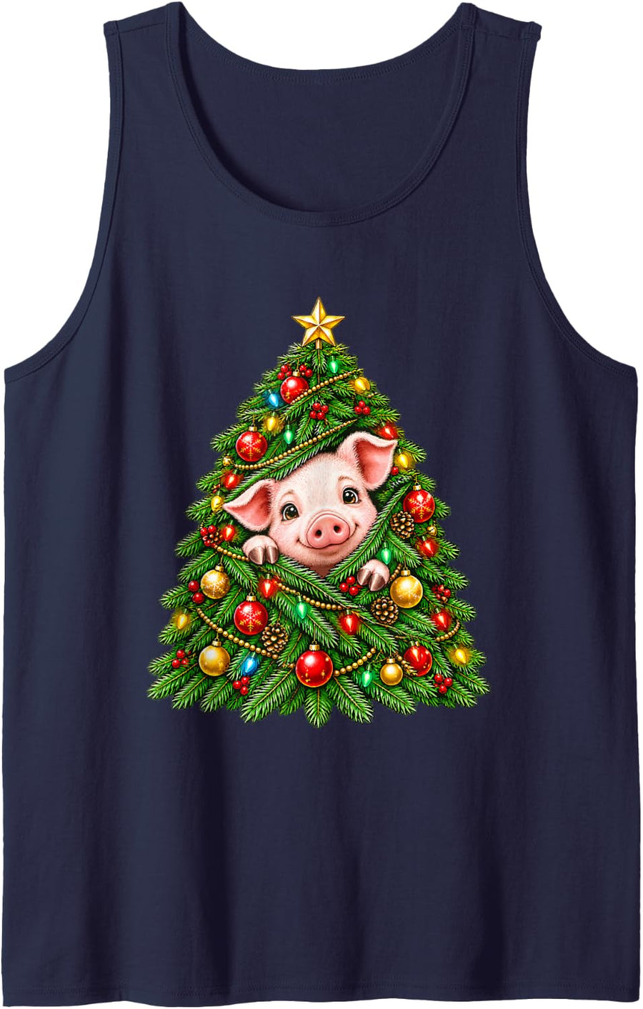 Cute Pig Peeking with Christmas Tree Festive Lights Xmas Sleeveless Tank Top - Navy Blue