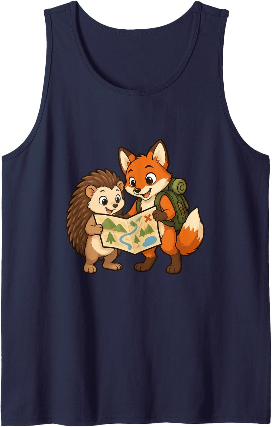 Hedgehog and Fox Explore a Picture Map Tank Top - Navy Blue