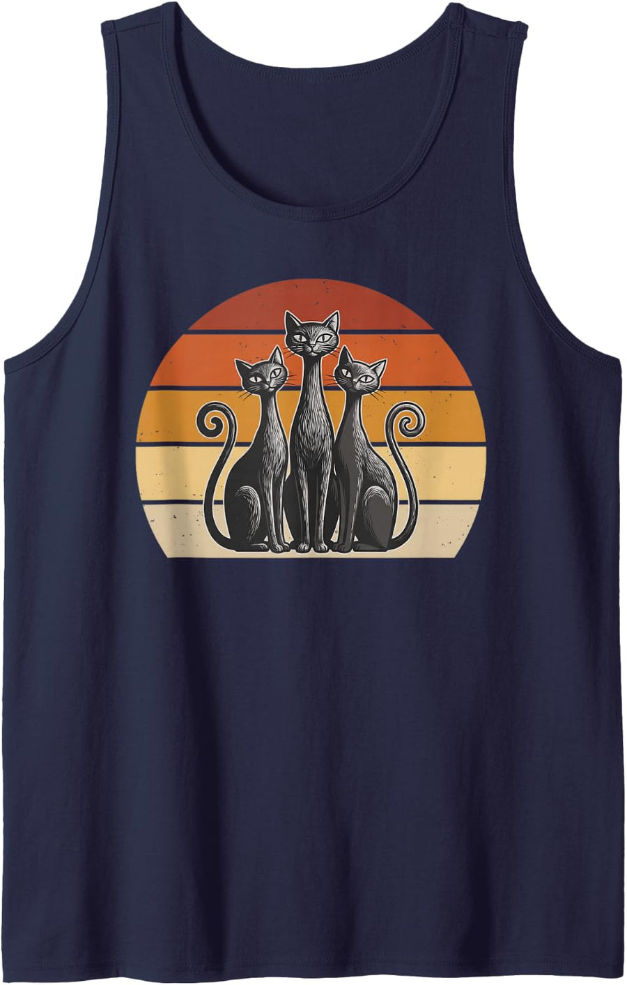 Mid Century Modern Cat Colorful Retro Sunset 60s Cat Mom Dad Sleeveless Tank Top - Navy Blue