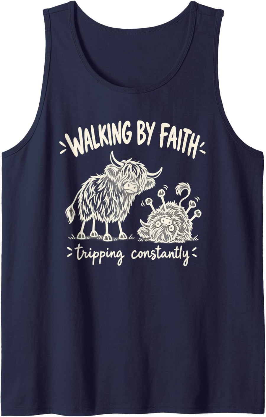 Wobbly Line Art Cow Cow Walking By Faith Tripping Constantly Sleeveless Tank Top - Navy Blue