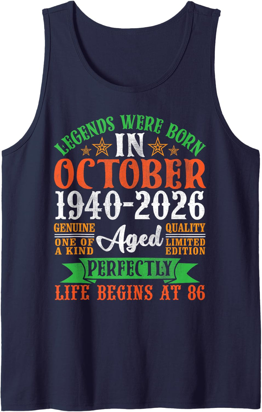 Legends were Born October 1940 2026 Life Begins 86 Years Old Sleeveless Tank Top - Navy Blue