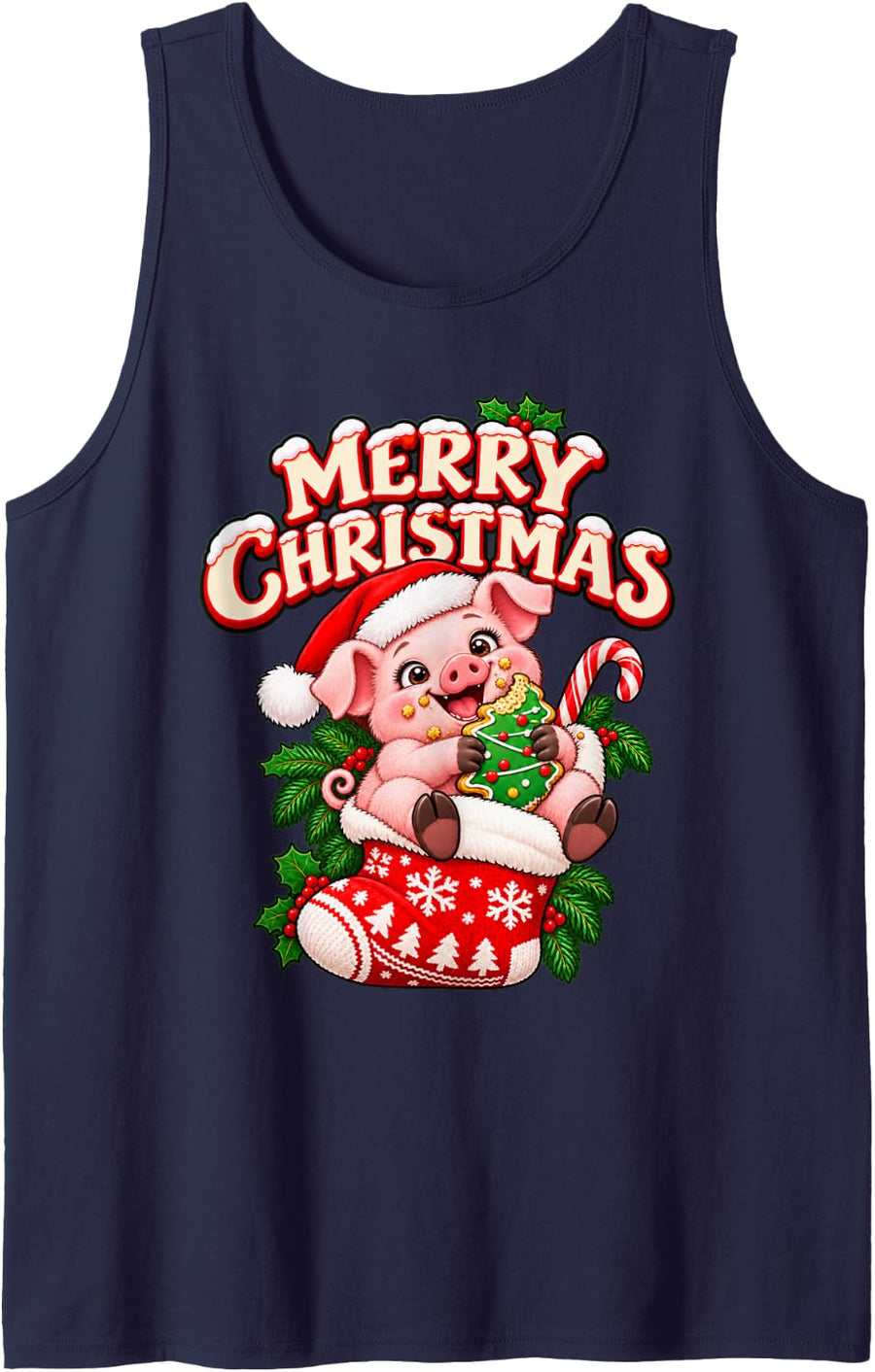 Merry Christmas Happy Pig Cute Stocking Funny Sleeveless Tank Top - Navy Blue