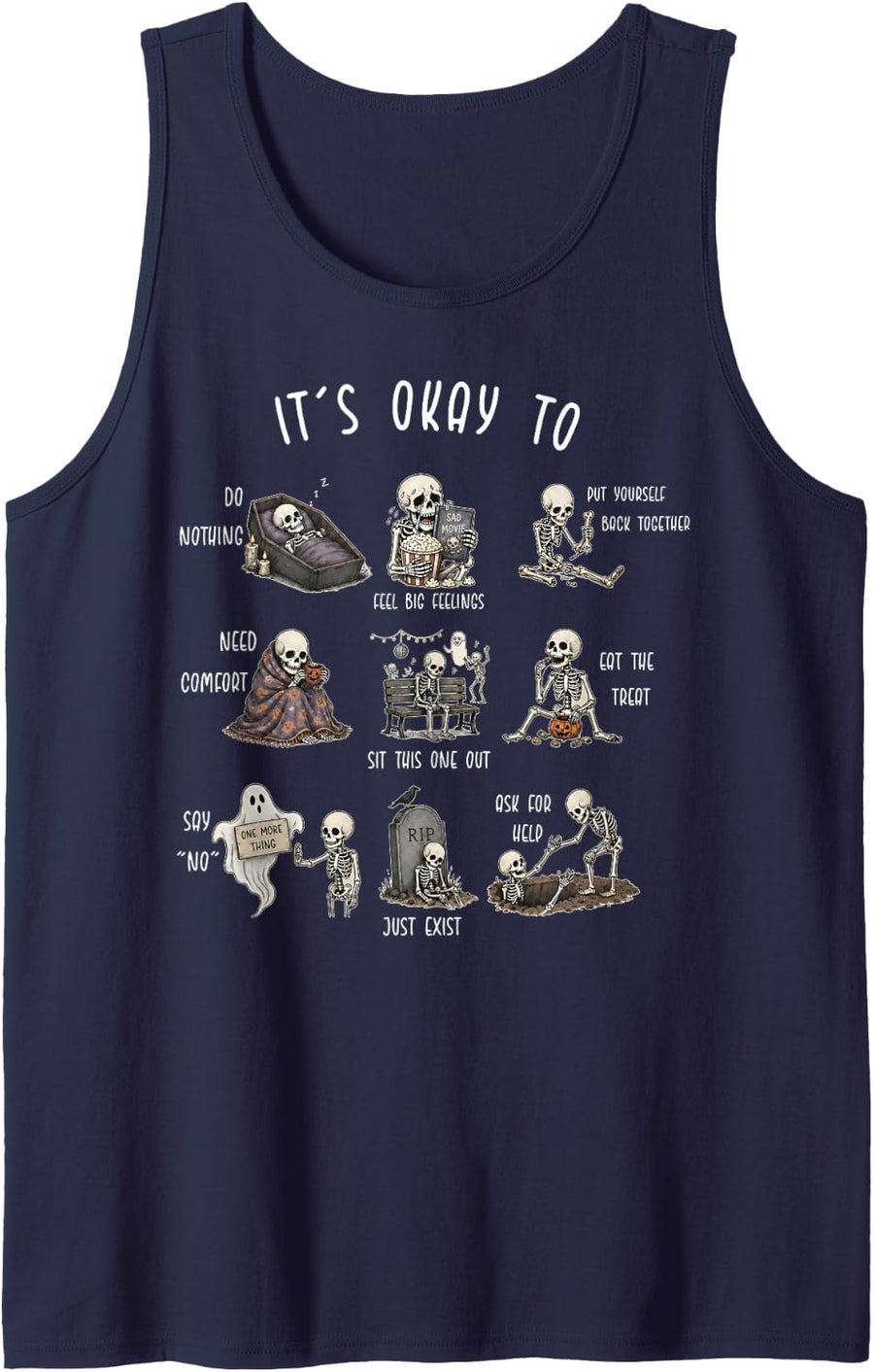 It's Okay to Mental Health Skeleton Halloween Social Worker Sleeveless Tank Top - Navy Blue
