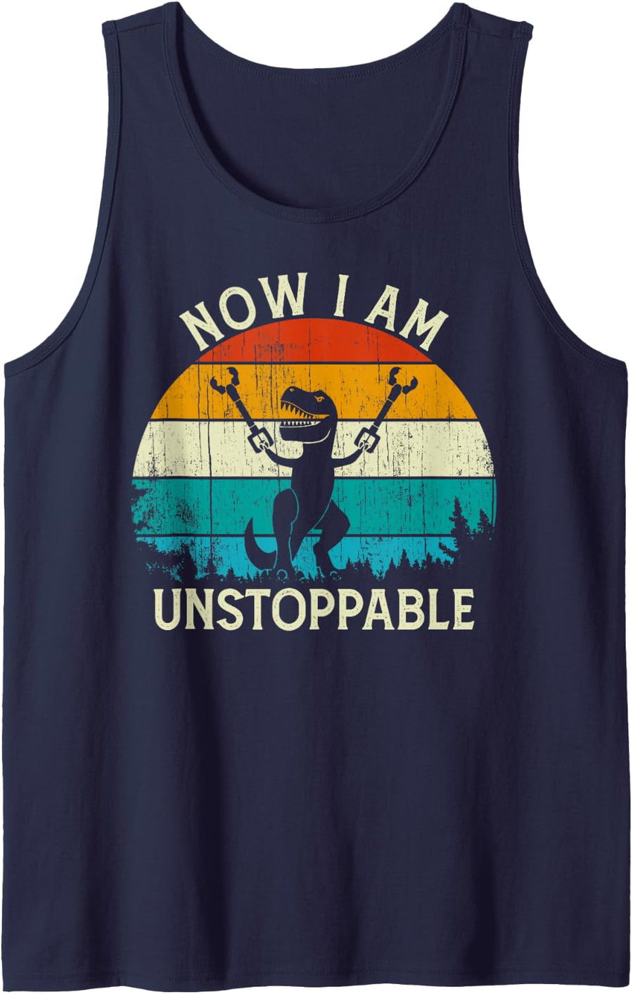 Vintage Retro Funny Trex Dinosaur Now I'm Unstoppable T-Rex Tank Top - Navy Blue