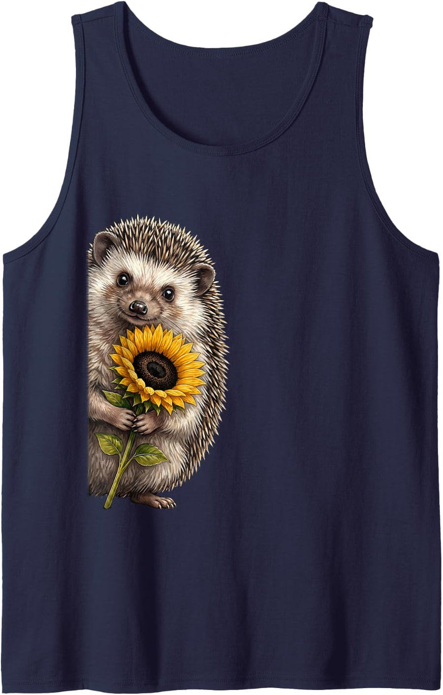 Hedgehog Sunflower Peeking from Side Wildlife Animal Sleeveless Tank Top - Navy Blue