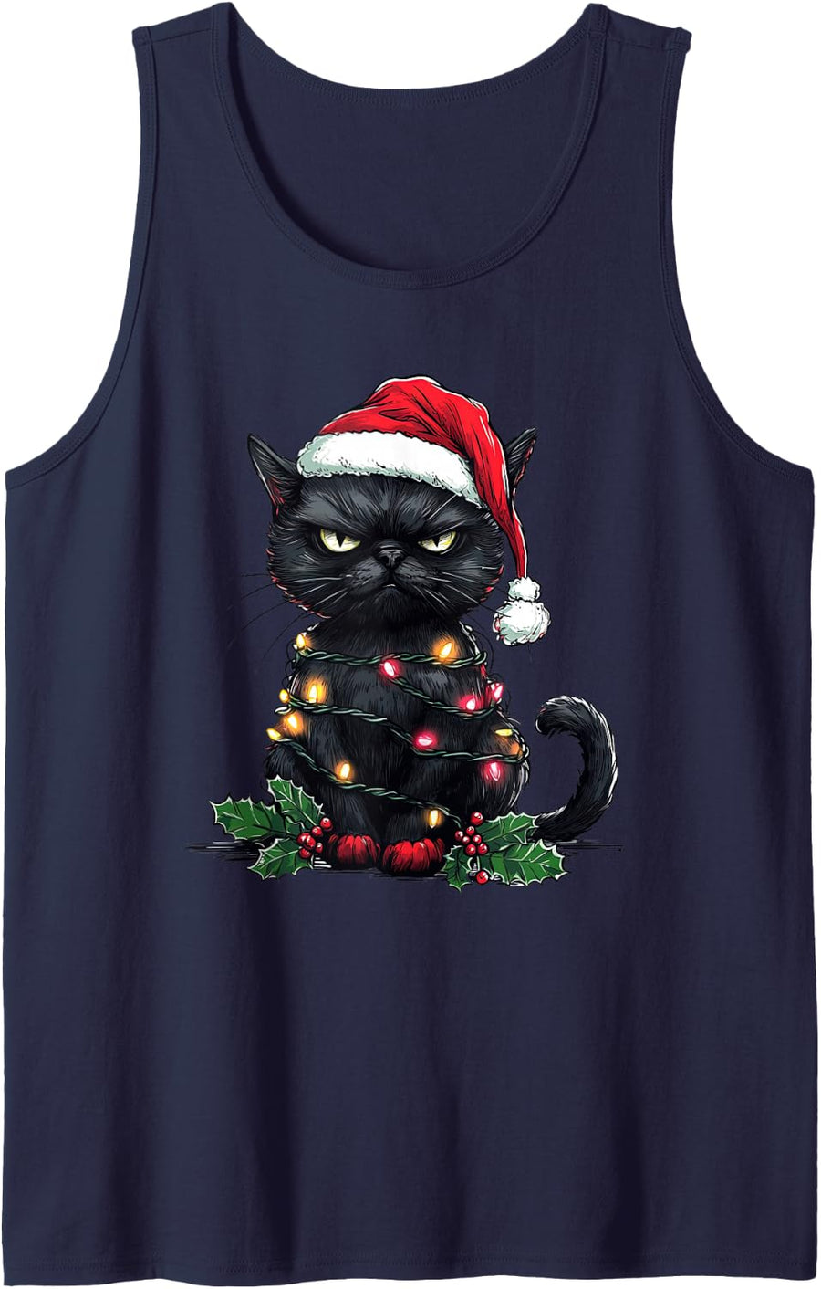 Funny Black Cat Santa Hat Merry Christmas Tree Lights Cat Sleeveless Tank Top - Navy Blue