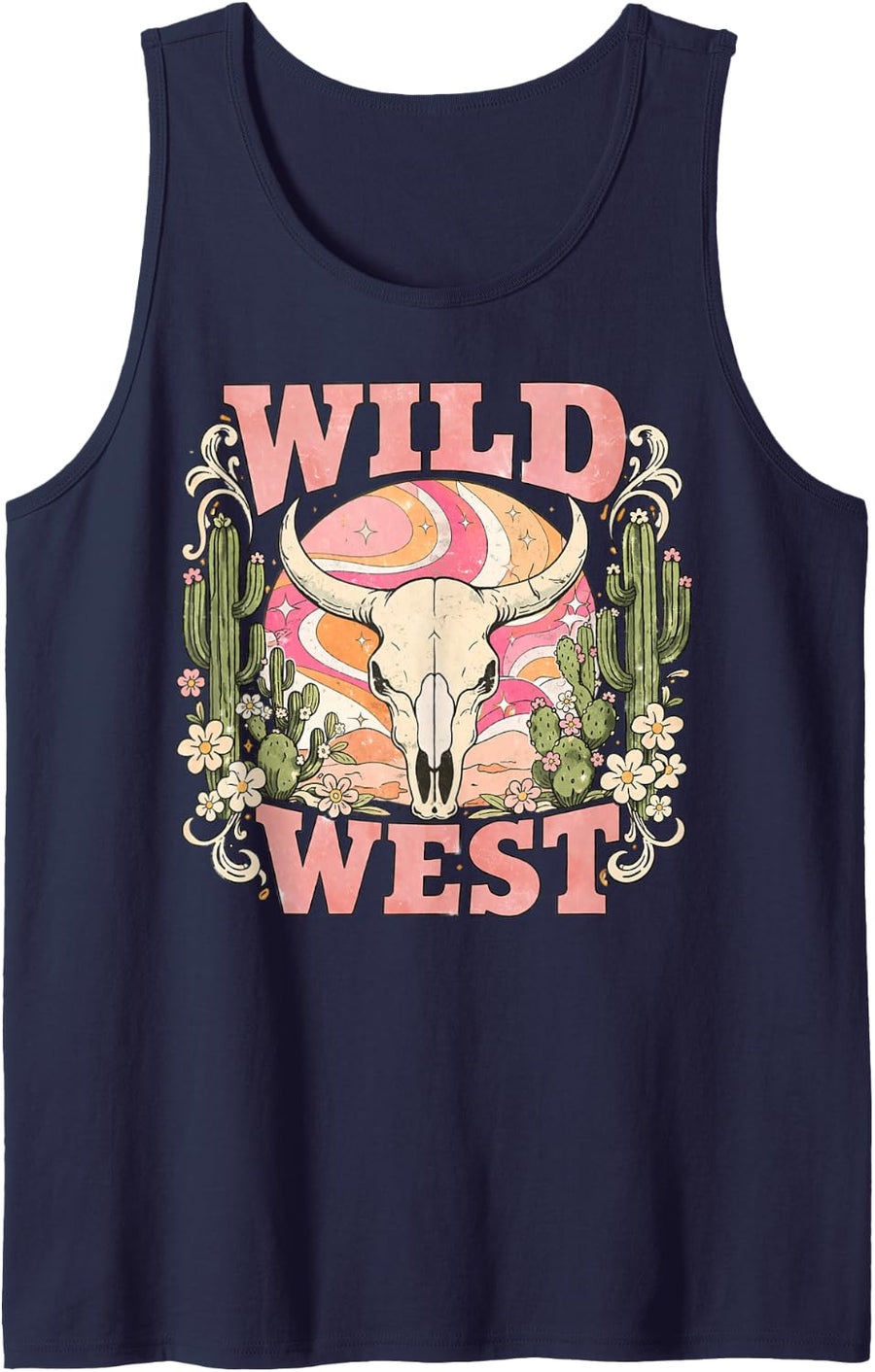 Wild West Cowgirl Skull Western Floral Country Music Sleeveless Tank Top - Navy Blue