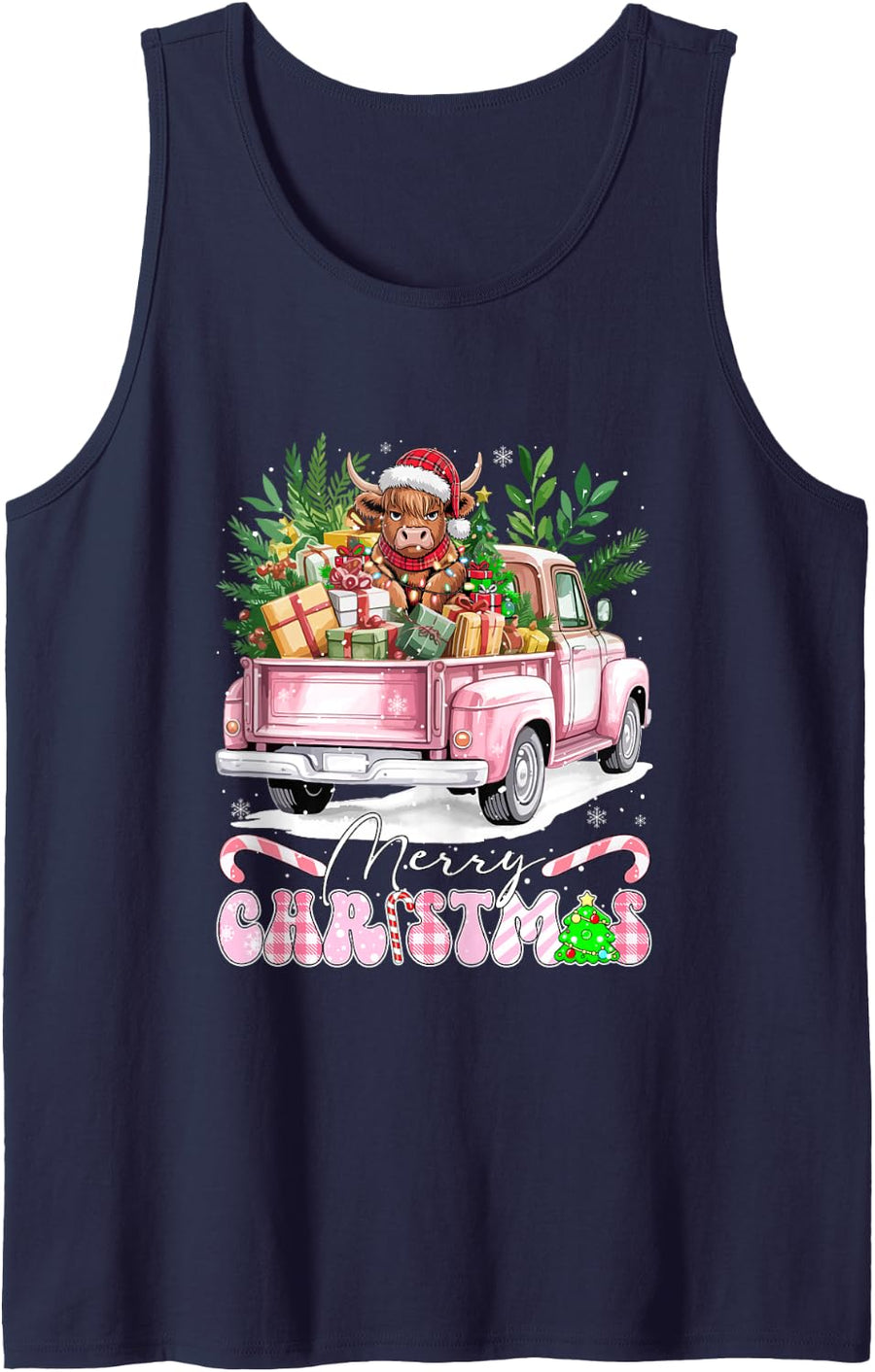 Merry Christmas Santa Highland Cow On Pickup Truck Farmer Sleeveless Tank Top - Navy Blue