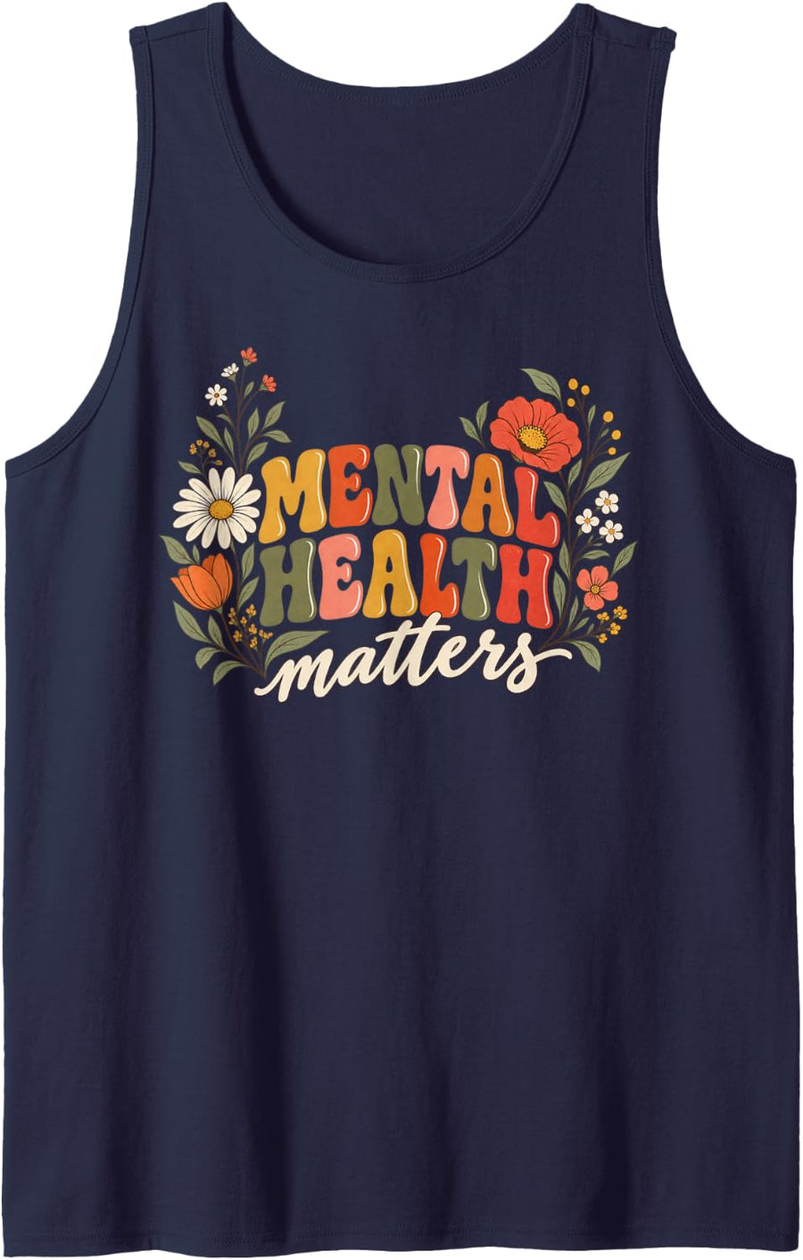 Mental Health Matters Retro Wildflower Botanical Sleeveless Tank Top - Navy Blue
