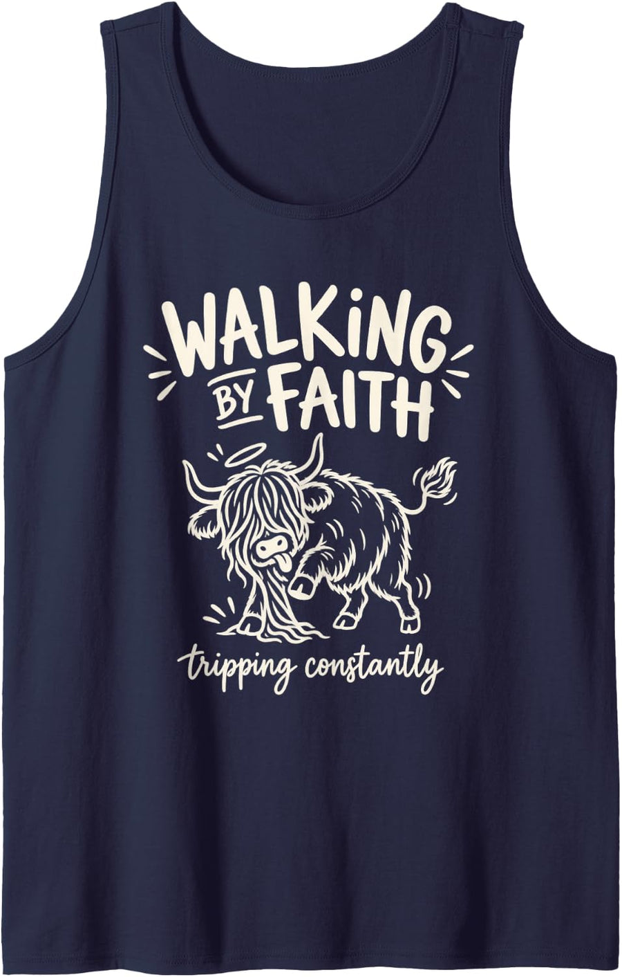 Silly Line Art Cow Cute Walking By Faith Tripping Constantly Sleeveless Tank Top - Navy Blue