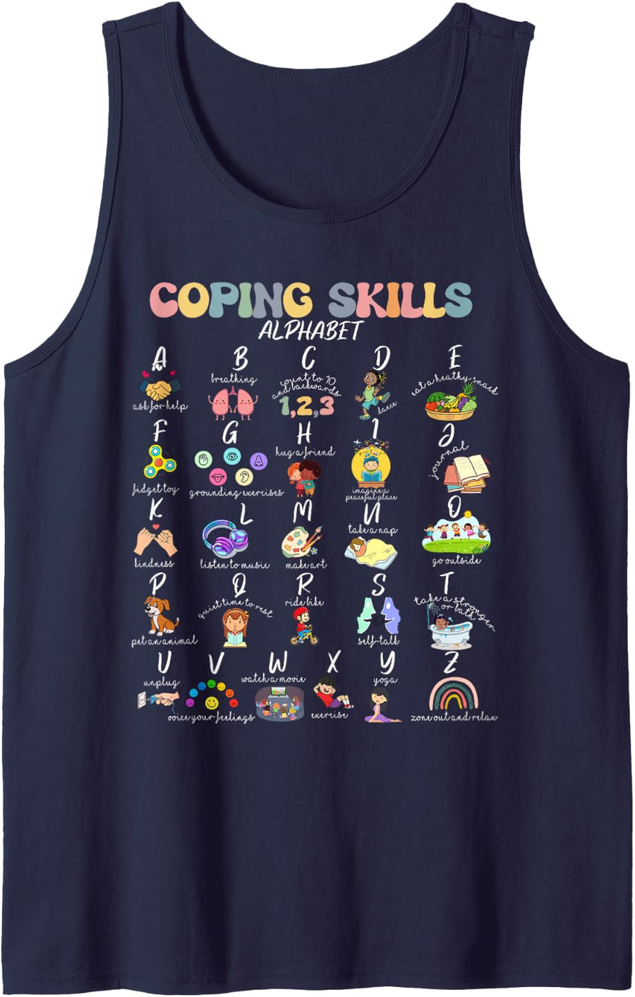Coping Skills Alphabet Mental Health Awareness Counselor Sleeveless Tank Top - Navy Blue