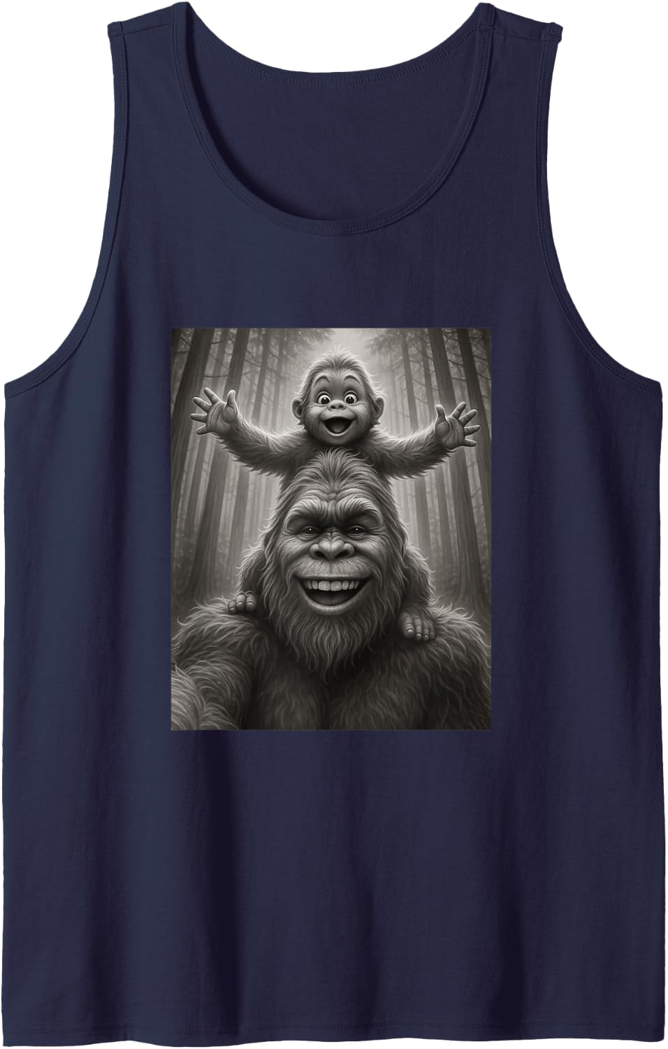 Funny Father Bigfoot Sasquatch and his Kid Happy Fathers Day Sleeveless Tank Top - Navy Blue