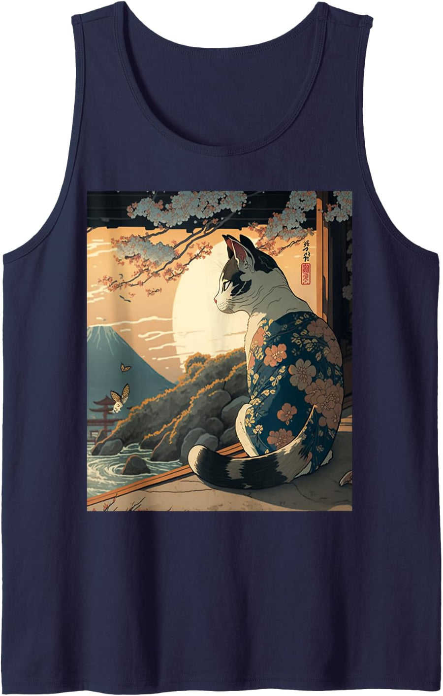 Ukiyo-e Art Kanagawa Vintage Japanese Tattoo Art Cat Graphic Sleeveless Tank Top - Navy Blue