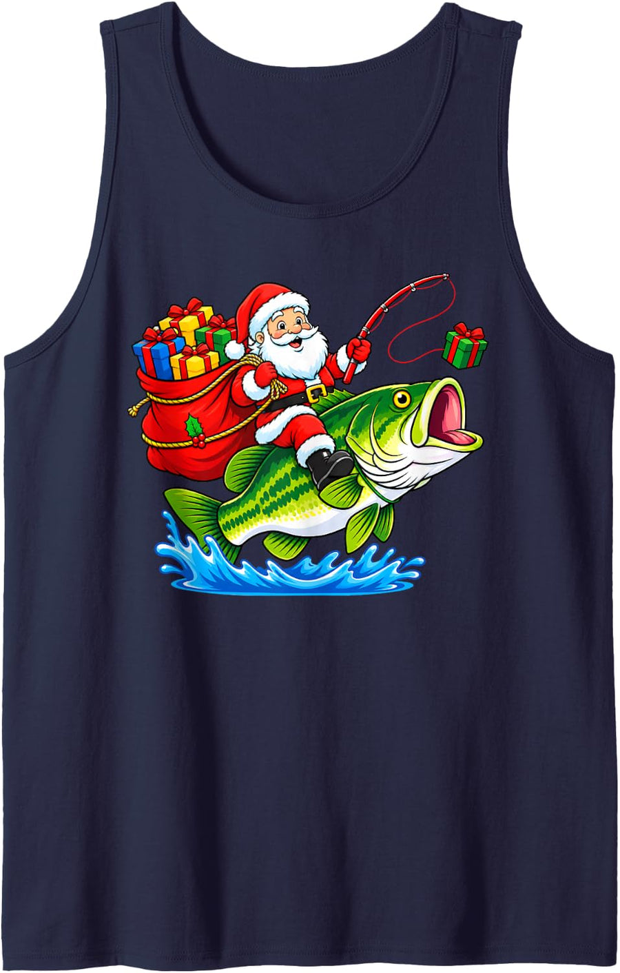 Funny Santa Riding Bass Fish Christmas Fishing Sleeveless Tank Top - Navy Blue