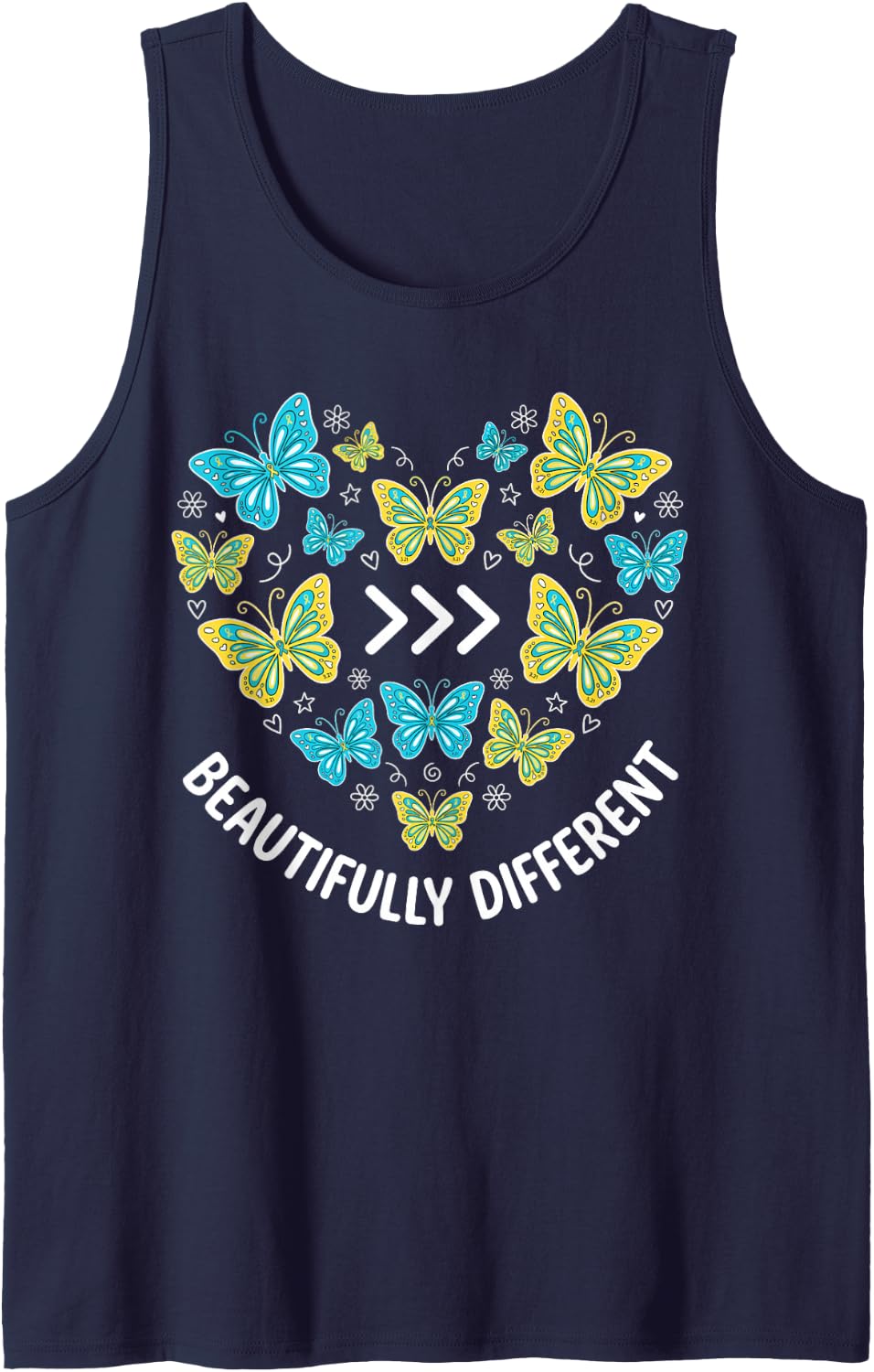 Down Syndrome Beautifully Different Cute Butterfly Heart T21 Sleeveless Tank Top - Navy Blue