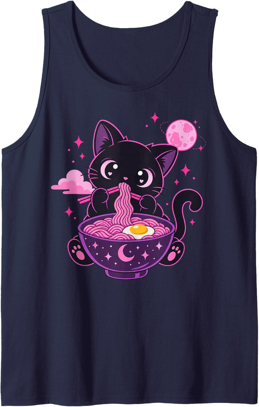 Kawaii Black Cat Ramen Under Moon Celestial Sleeveless Tank Top - Navy Blue
