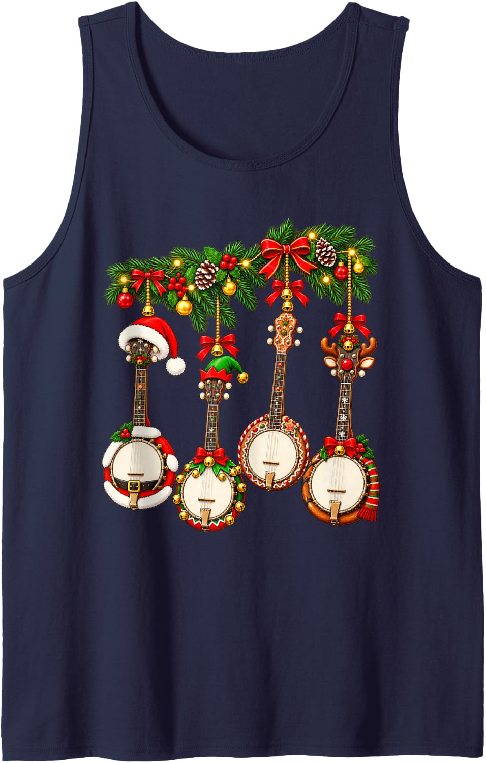 Merry Banjo Reindeer Christmas Music Holiday Christmas Cheer Sleeveless Tank Top - Navy Blue
