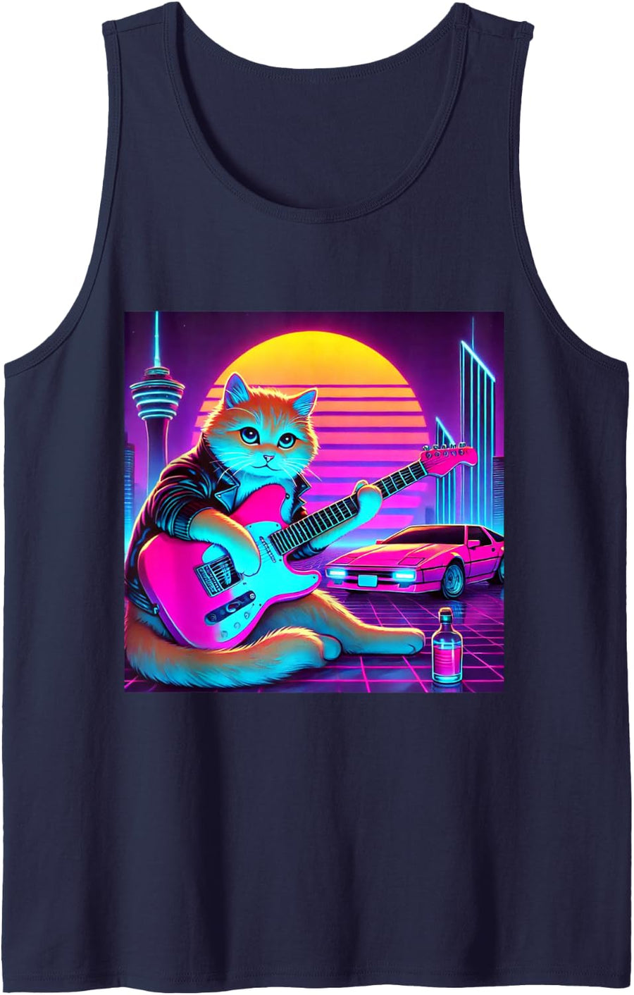 Synthwave Retrowave Outrun Aesthetic Cat Playing Guitar Sleeveless Tank Top - Navy Blue