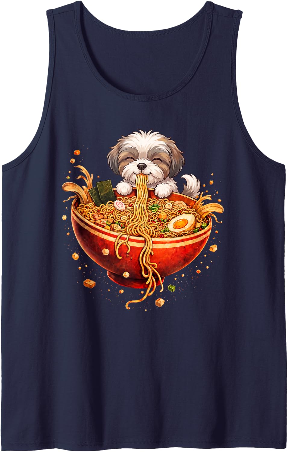 Shih Tzu Ramen Japanese Art Dog Anime Graphic Tee Kawaii Sleeveless Tank Top - Navy Blue
