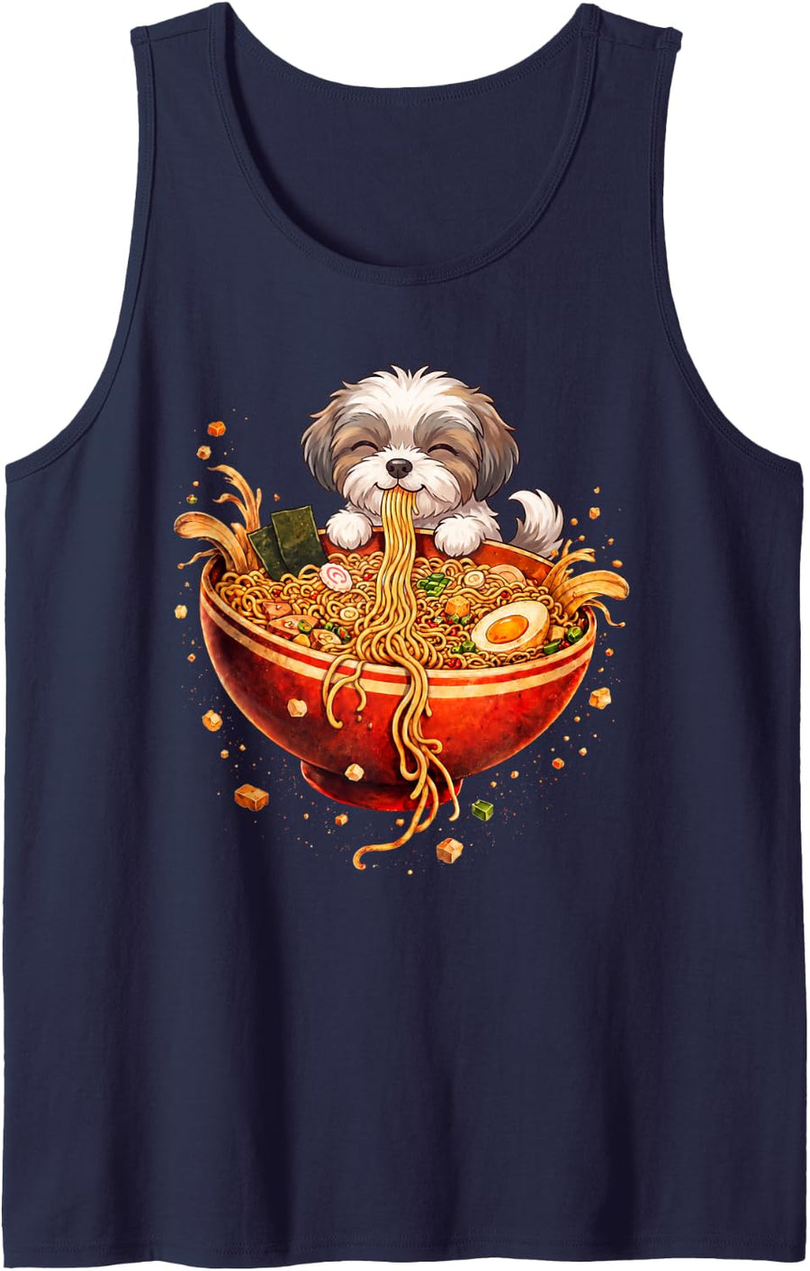 Shih Tzu Ramen Japanese Art Dog Anime Graphic Tee Kawaii Sleeveless Tank Top - Navy Blue